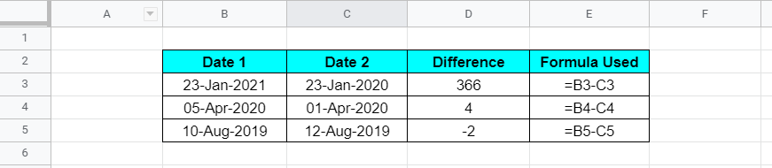Date Difference in Google Sheet