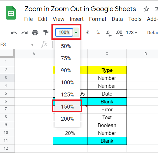Zoom Options in Google Sheet
