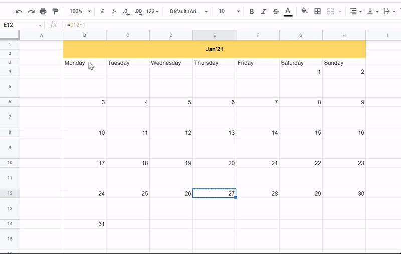 Creating a Monthly Calendar Template - Google Sheet