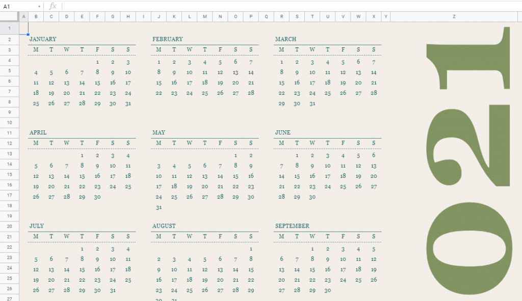 2021 Calendar Template Google Sheet