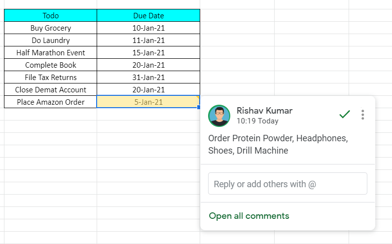 Comments in Google Sheet