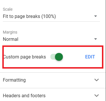 Setting up Page Breaks: Google Sheets