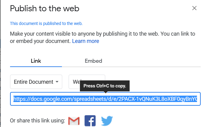 Publish to Web in Google Sheet