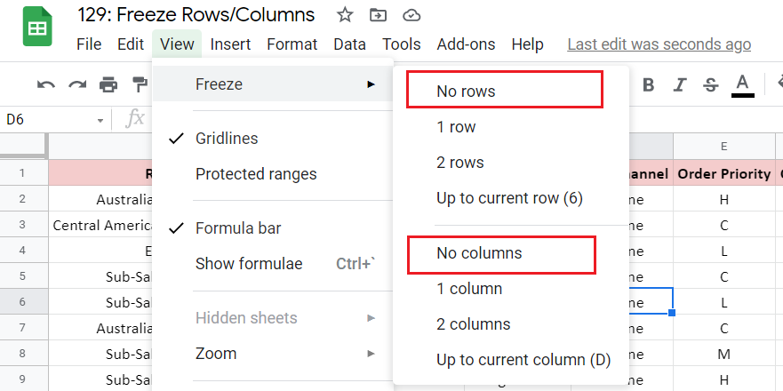 Unfreezing Rows and Columns - Google Sheet