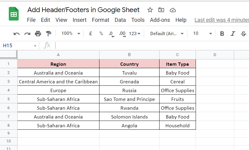Sample data in google sheet