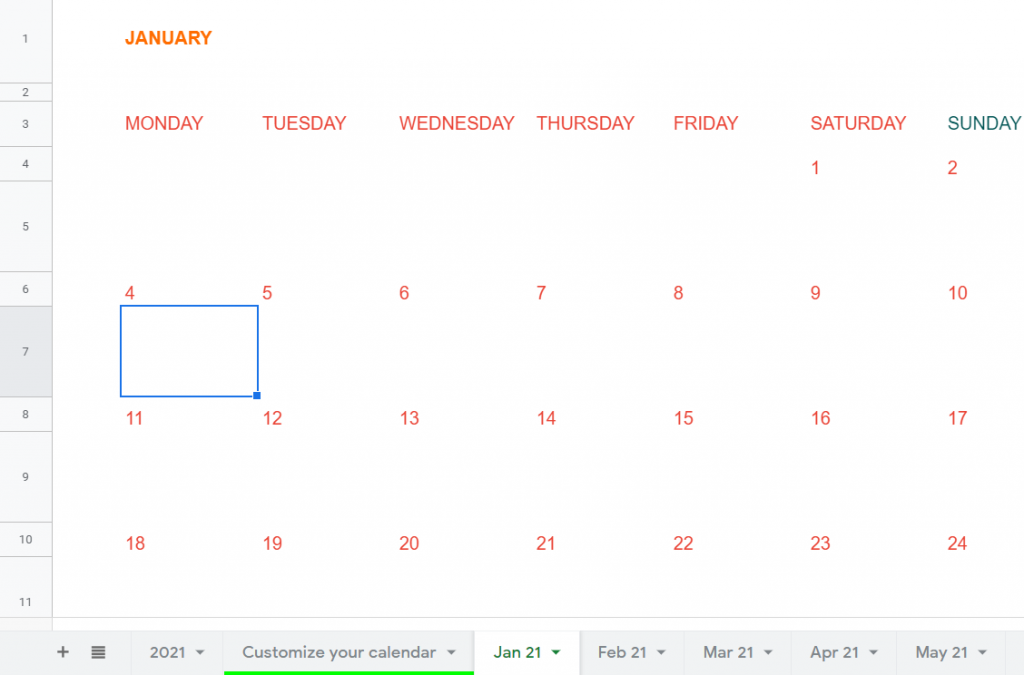 Calendar Template Google Sheet 2021
